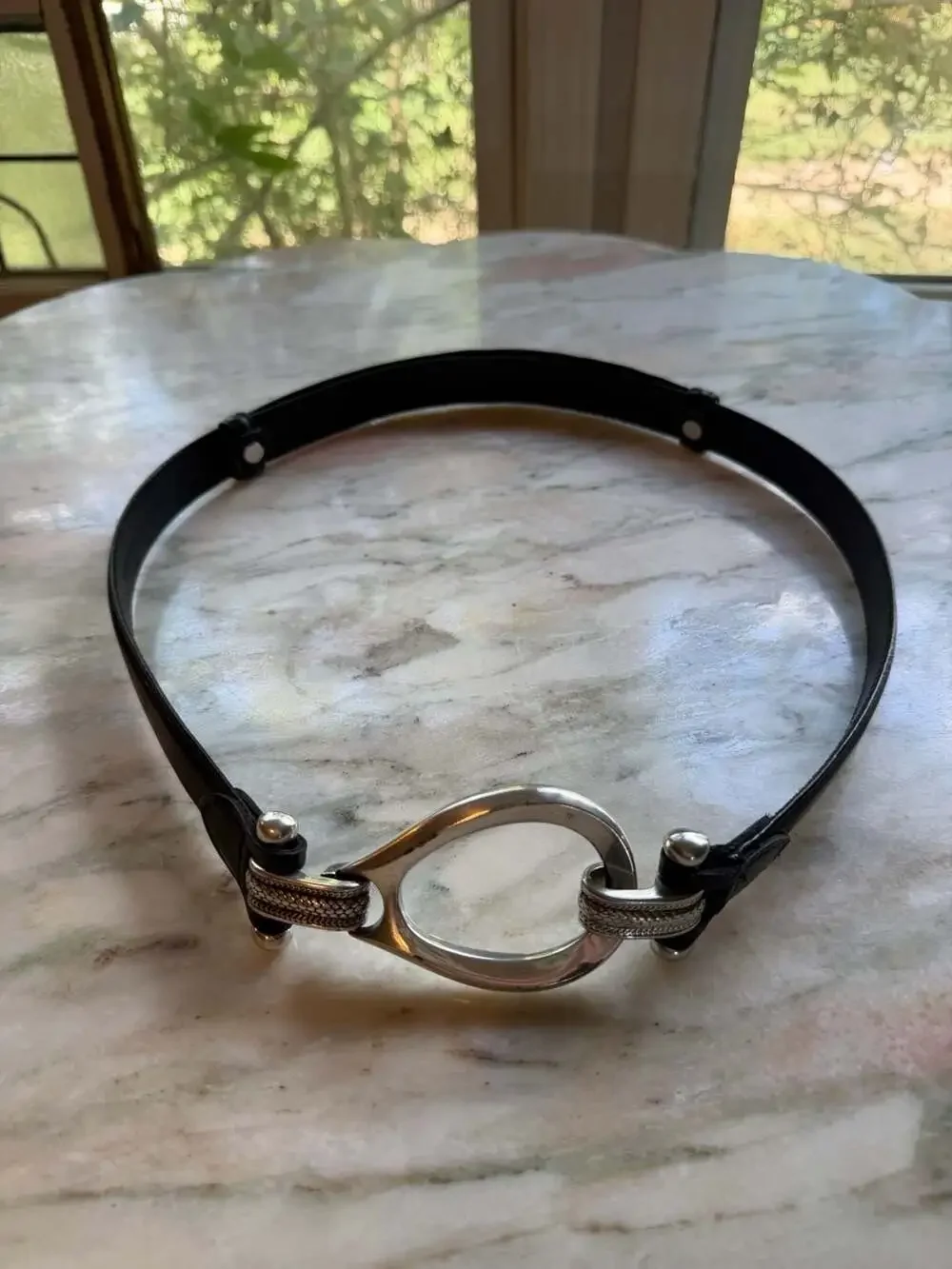Vintage Black Leather Belt with Silver-Tone Statement Loop Buckle